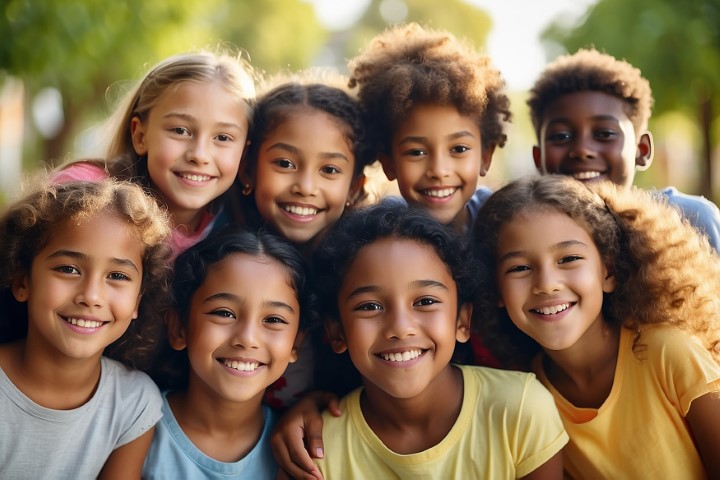 Closeup face of happy multiethnic children embracing each other